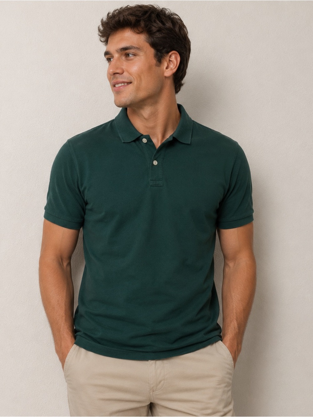 Lands End Mens Green Ribbed Cotton Polo Shirt Navy Collar Size L